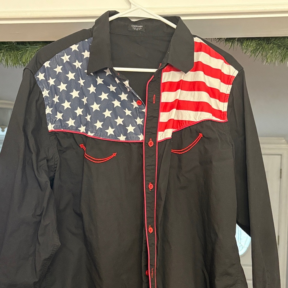Cowboy Up Men's American Flag Casual Button Down Shirt - Black
